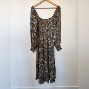 Promesa Dress Smocked Bodice Midi Length Green Floral Medium